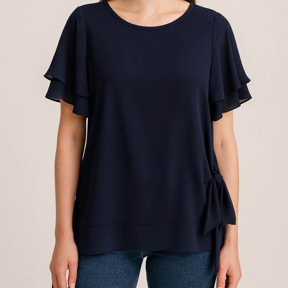 Susan Graver Tops - Susan Graver Womens Navy Blue Ruffle Sleeve Tie Waist Blouse Size S